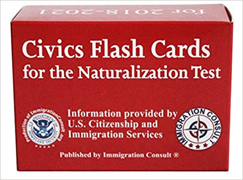 US Citizenship test civics flash cards for the naturalization exam with all official 100 USCIS questions and answers. Illustrated Pocket Box set flashcards to help study for the American Civics